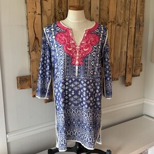 Soft Surroundings Medium Knit V-Neck 3/4‎ Sleeve Blue Pink Top Tunic Blouse Boho